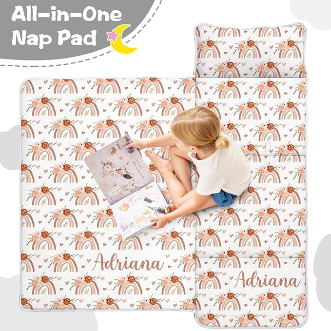 Personalized Boho Rainbow Toddler Nap Mat with Pillow and Blanket Custom Name Kids Sleeping Bag for Daycare Preschool Napping Mats for Girls Kids Slumber Bags Sleep Padded Easy Roll Up