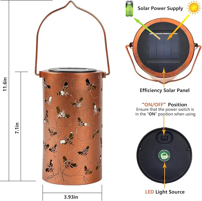 Solar Honeybee Lanterns Outdoor Hanging Decor LanternWaterproof Hollow Out Retro Metal Decorative Garden LightGraceful Decoration for PatioYardLandscapeWalkwayFestival