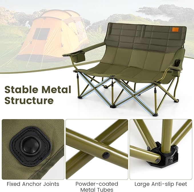 Goplus Double Camping Chair for Adults Low Outdoor Folding Loveseat Couch Chair w/Cup Holders Thick Padding Heavy-Duty 2 Person Lawn Chair for Beach Picnic Travel Supports 660 LBS(2-Person Seat)