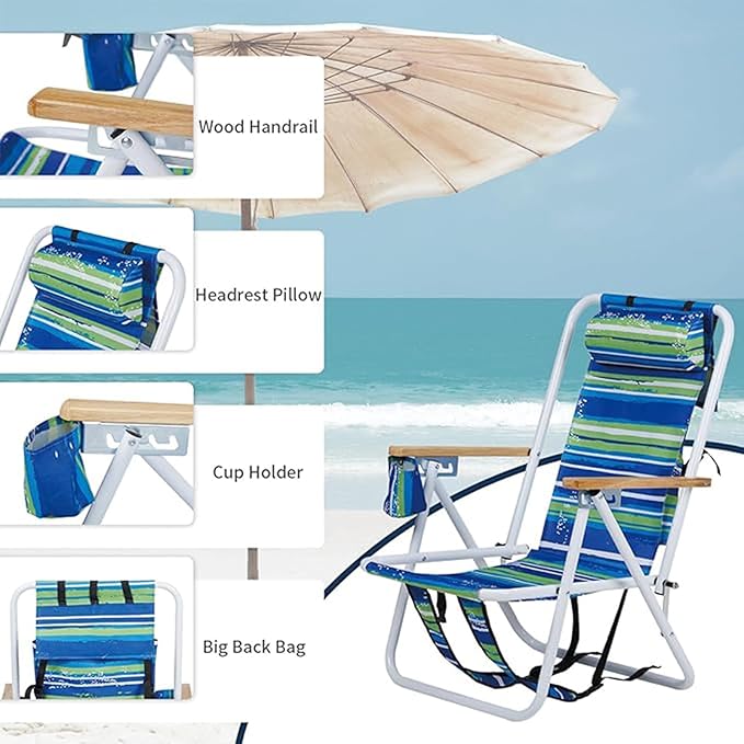 Beach Chairs for Adults 2 PackPortable Folding Backpack Beach Chair with Headrest Cup Holder and Wooden ArmrestsCup Holder for Outdoor/Lawn/PicnicFoldable Camping Chair (Blue Stripes-2Set)