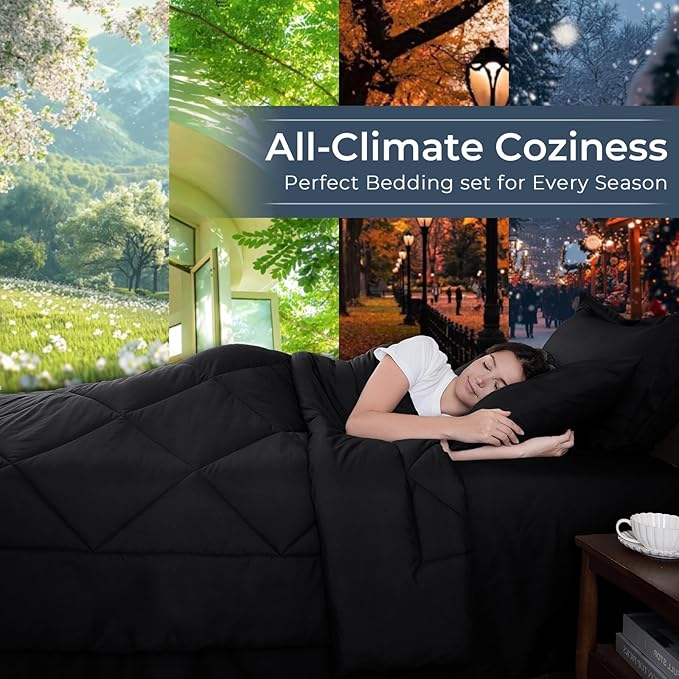 HEVUMYI Black 120x98 Oversized King Comforter Set - 7-Piece All Season Bed in a Bag Oversized King Ultra Soft Bedding Set with 120 x 98 Comforter Flat Sheet Fitted Sheet Pillowcases Pillow Shams