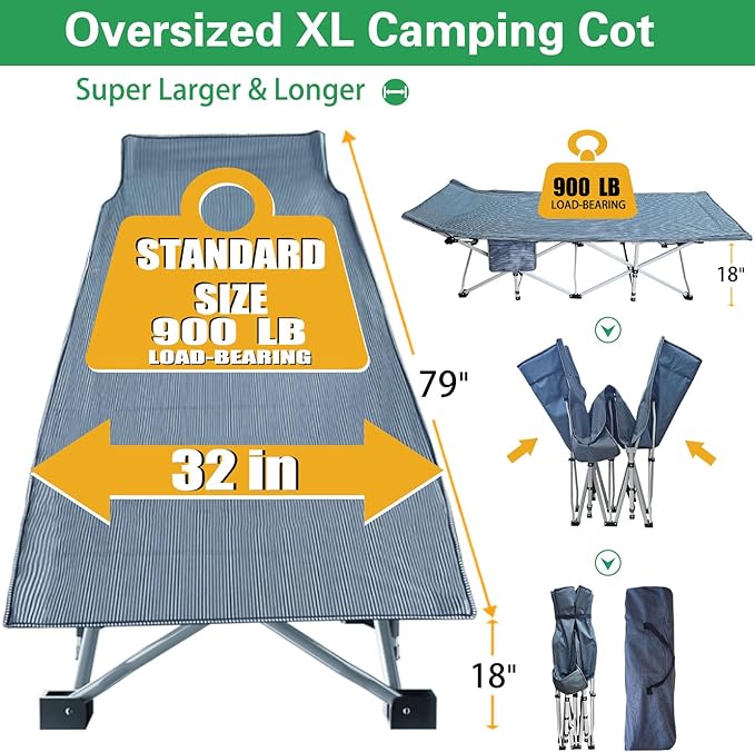79 L x 32 W x 18 H Camping Cot with Comfortable Mattress for Adults Oversize XXL Cots for Sleeping Camping Bed Folding Cot Heavy Duty with Carry Bag for Home Outdoor Travel
