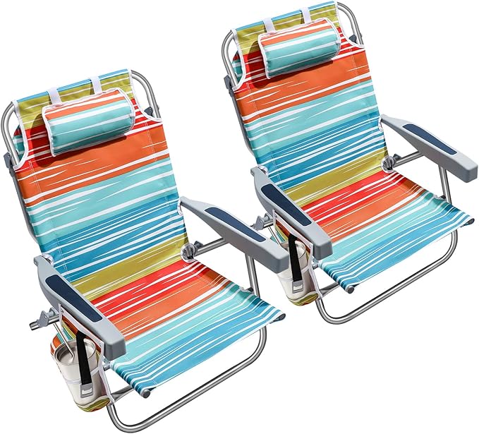 5-Position Aluminum Lay Flat Backpack Beach Chair 2 Pack Compact Portable Low Beach Chairs for Adults Beach Chair with Cooler Pouch Storage Pouch Towel Bar Cup Holder Multicolor Stripe 2 Pack