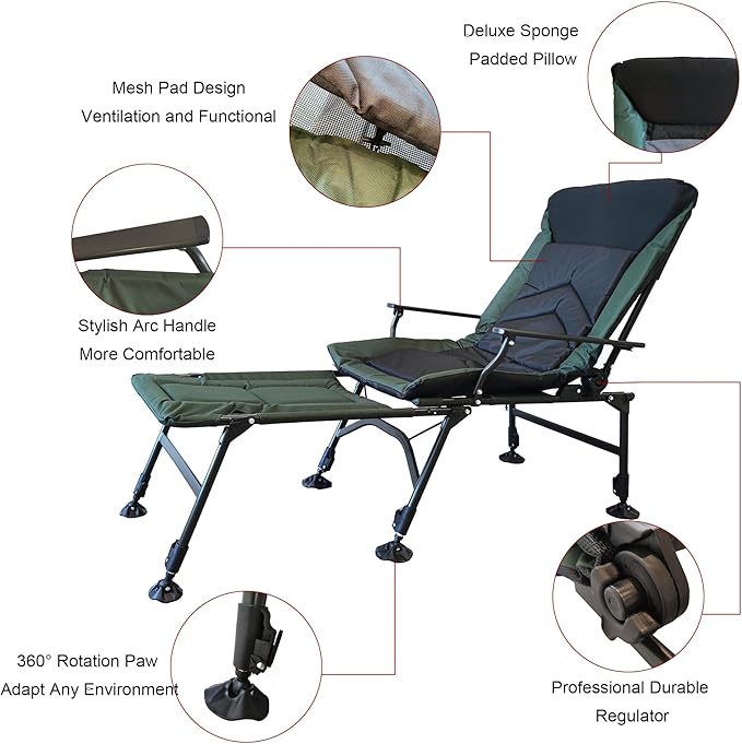 Camping Lounge Chair with Detachable Footrest Portable Folding Reclining Camping Chair with Adjustable backrest for Indoor and Outdoor Camping Beach Hiking Fishing Green+Black
