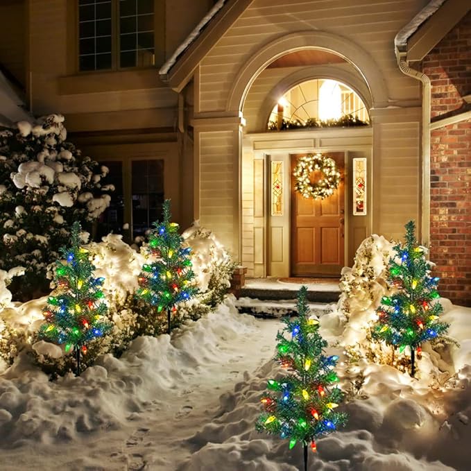 Upgraded 4-Pack Solar Christmas Garden Stake Lights Decorative Xmas Tree Solar Christmas Yard Stake Outdoor Waterproof Pathway Lights for Garden Patio Yard Decorations