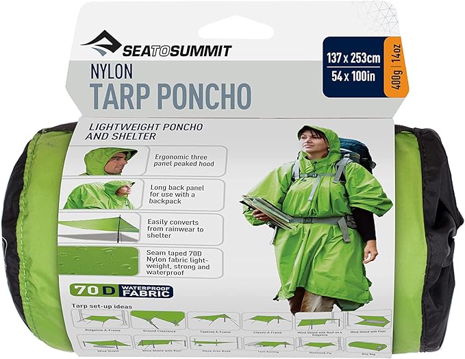 Sea to Summit Nylon Tarp Poncho 4-in-1 Raincoat Pack Cover Groundsheet and Shelter