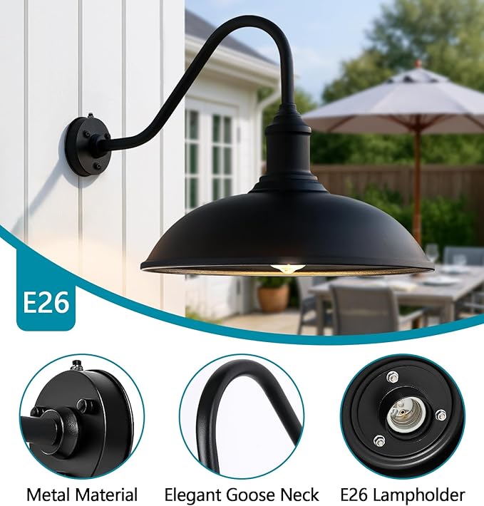 24 Inch Extra Large Outdoor Gooseneck Barn Light with Extended Gooseneck Arm - Automatic Dusk to Dawn Sensor Weatherproof Rustproof Wall Mounted Exterior Light Fixture for Farmhouse Garage
