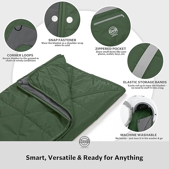 STOVER Large Waterproof Outdoor Stadium Blanket- Extra Thick Soft Fleece Camping Blanket for Travel Picnics Sports Dogs 79x55 Warm Windproof Sand-Proof Lightweight Packable (Game Day Green)