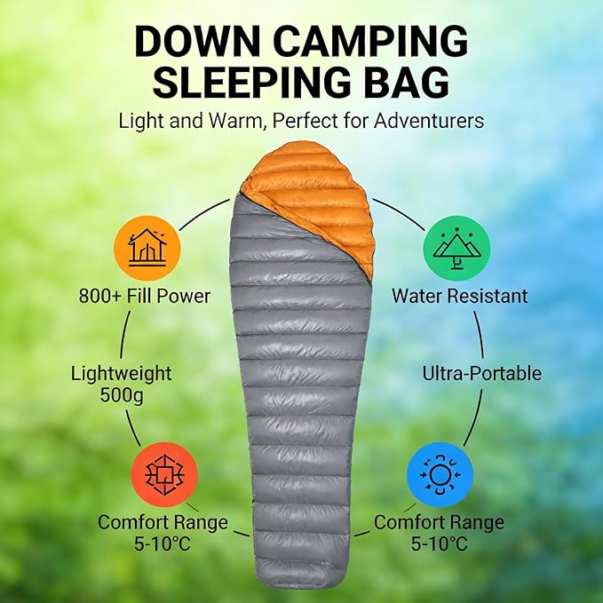 Down Sleeping Bag Ultralight for Adults 90% Duck Down 800+ Fill Power 5-10°C with Compression Storage Bag - Water-Resistant Shell for Kids and Backpacking Gear