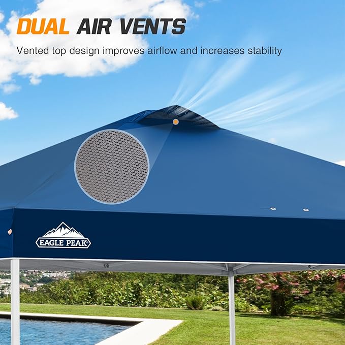 EAGLE PEAK Pop Up Canopy Tent with Wheeled Carry Bag 8 Stakes 4 Ropes 4 Weight Bags Easy Set Up Tent Canopy 10x10 ft 100sqft of Shade Dark Blue