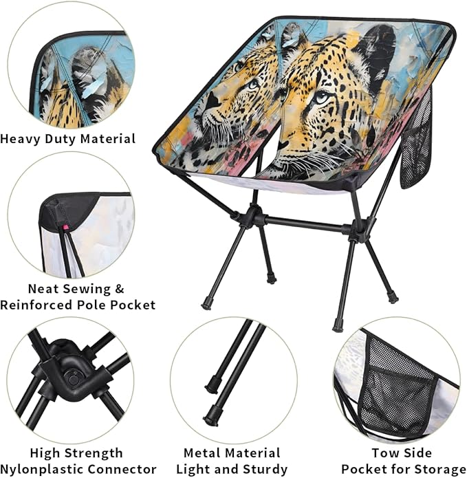 Cute Tiger Camping Chair Lightweight Portable Chairs for Adults Easy Installation Outdoor Foldable Camping Chair for Camping Fishing Hiking Picnic Beach