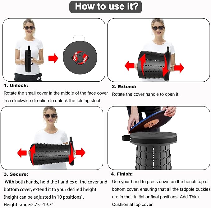 ALEVMOOM Upgraded XXL 19.7 Collapsible Stool with Cushion Heavy Duty Portable Folding Stool Max Load 1000 lbs Retractable Telescoping Foldable Seat Chair for Camping Fishing Travel