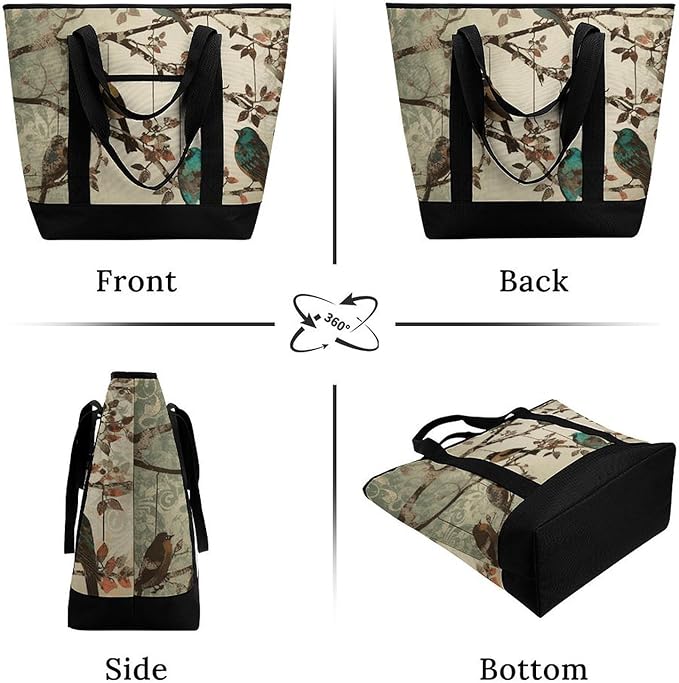 Insulated Shopping BagLarge Reusable Cooler Bags Birds on Branches Printed Foldable Shopping BagTravel Waterproof Shoulder Bag