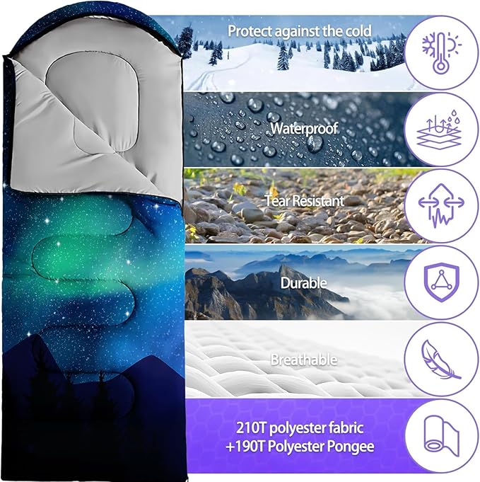 Sleeping Bags for Adults Youth Kids3D Printing Camping Sleeping Bag for Girls Boys Lightweight Waterproof Cold/Warm Weather Sleeping Bag for 3 Seasons