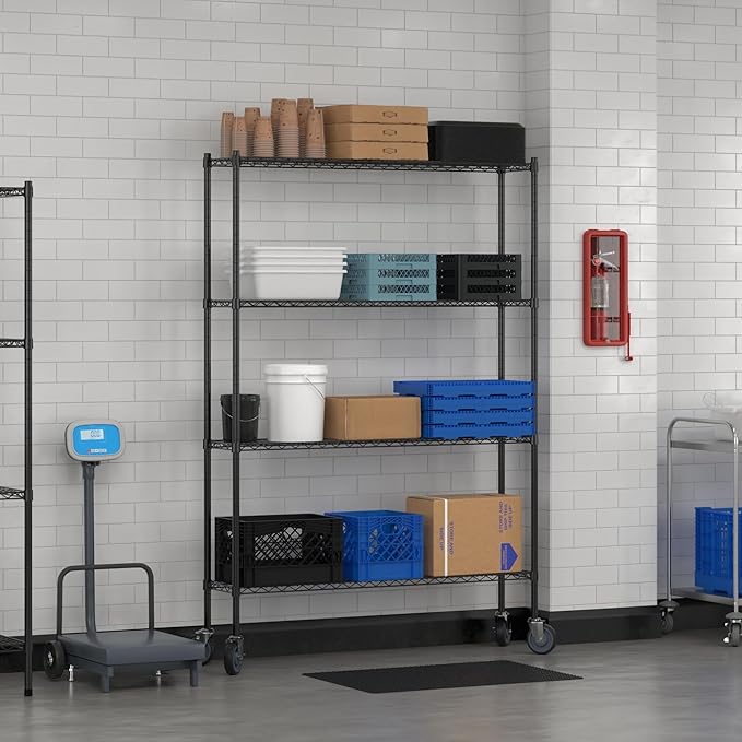 Commercial NSF Listed Black Epoxy Mobile Wire Shelving Kit 12 x 54 x 80 with 4 Shelves Perfect for Warehouse Walk-in Refrigerator Freezer Grocery Store Restaurant Dishroom