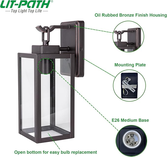 LIT-PaTH Outdoor Wall Lantern Wall Sconce as Porch Lighting Fixture E26 Medium Base Max 60W Anti-Rust Metal with Glass Shade Oil Rubbed Bronze Finish 1-Pack
