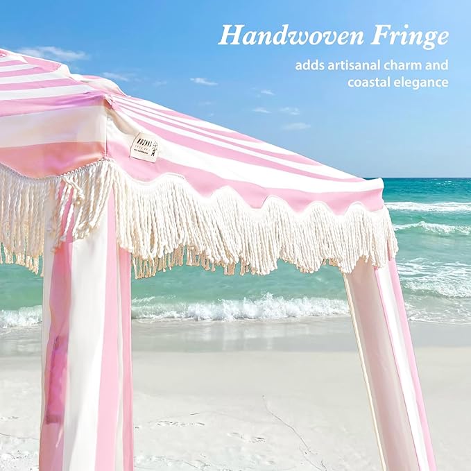 AMMSUN Beach Cabana with Fringe 6.5' x 6.5' Boho Beach Canopy with Tassels Easy Set up &amp Premium Wood Pole Cabana Tent with Sand Pockets Instant Sun Shade for Sand Garden Pink Rose Stripes