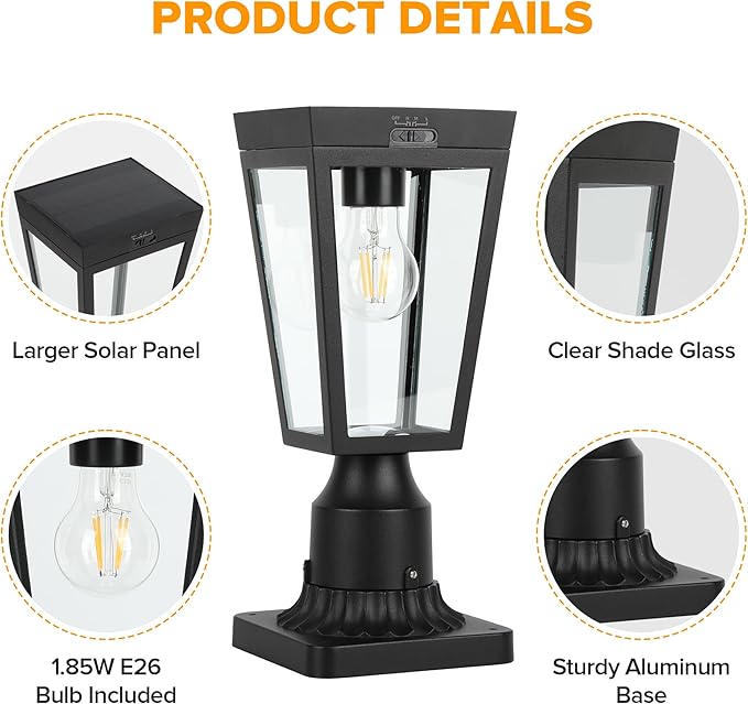 LUTEC Outdoor Solar Lamp Post Light with Pier Mount Base Dusk to Dawn Waterproof Post Light Fixtures Black Solar Powered Aluminum Post Lights for Outside