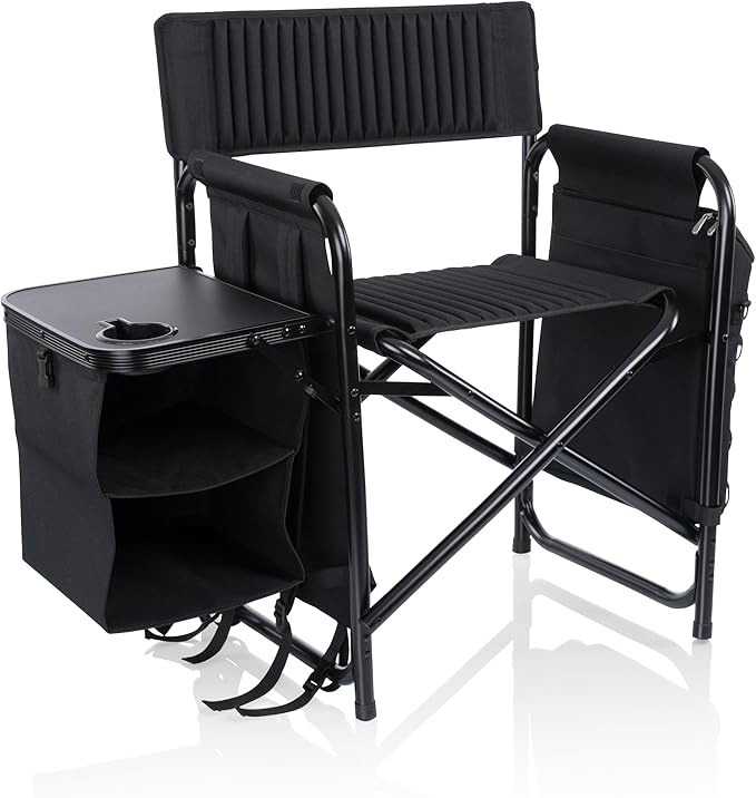 Picnic TIME Fusion Camping Chair with Side Table and Soft Cooler Outdoor Foldable Padded Camping Chairs with Shelves Pockets &amp Cup Holder for Lawn Beach &amp Sports Use for Adults (Matte Bl