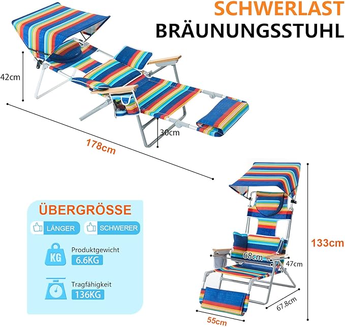 Oversized Heavy Duty Backpack Beach Chair with Sun Canopy Reclining Lounge Chair Tanning Chair with Face Hole 5-Position Foldable Camping Chair for Outdoor Sunbathing Beach Patio Pool (Multi Color)
