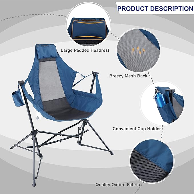LET'S CAMP Hammock Chair Portable Camping Chair Oversized Folding Rocking Chair with Headrest and Cup Holder for Travel Picnic Patio Fishing Supports 300lbs