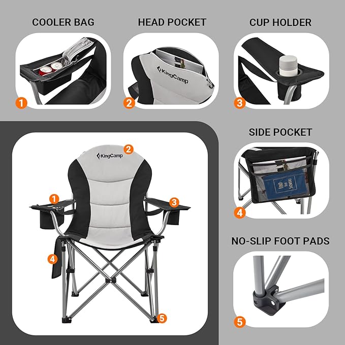 KingCamp Folding Portable Camping Chairs Oversized Padded Quad Arm Chair with Cooler Bag Cup Holder and Side Pocket Heavy Duty Supports 300 lbs for Outdoor Lawn Fishing Sports