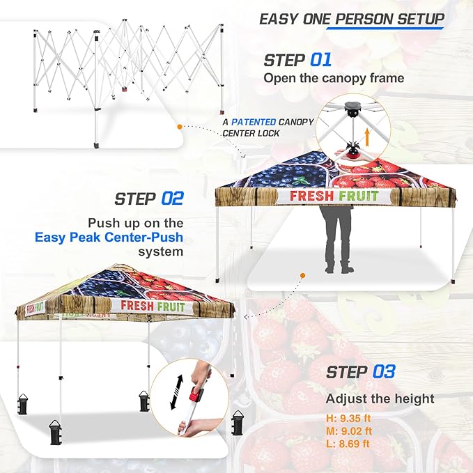 EAGLE PEAK Pop Up Canopy Tent with Wheeled Carry Bag 8 Stakes 4 Ropes 4 Weight Bags Easy Set Up Tent Canopy 10x10 ft 100sqft of Shade Fruit Stand