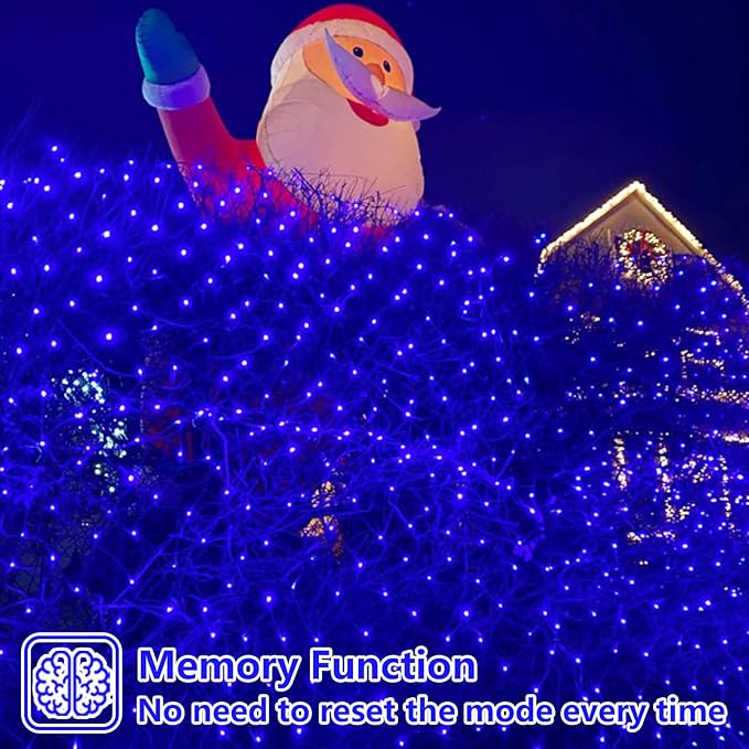 QITONG Net Lights Outdoor Mesh Lights 12ft x 5ft 360 LED Blue Christmas Light with 8 Modes Connectable Clear Wire Bush Light Plug in