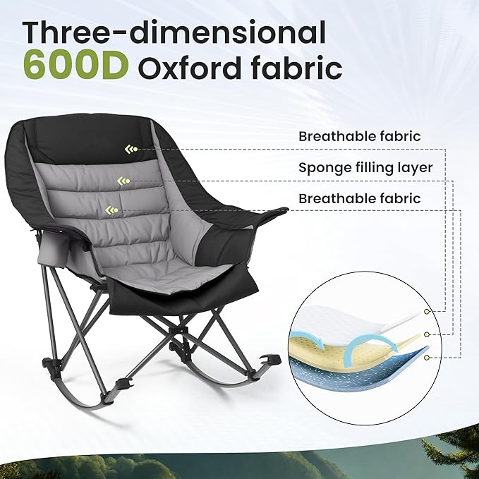Oversized Rocking Camping Chair for Adults 400LBS Capacity Foldable Outdoor Rocker with Padded Seat Cup Holder Portable Camp Chair for Camping Backyard Patio Beach (Dark Black 2 PCS)