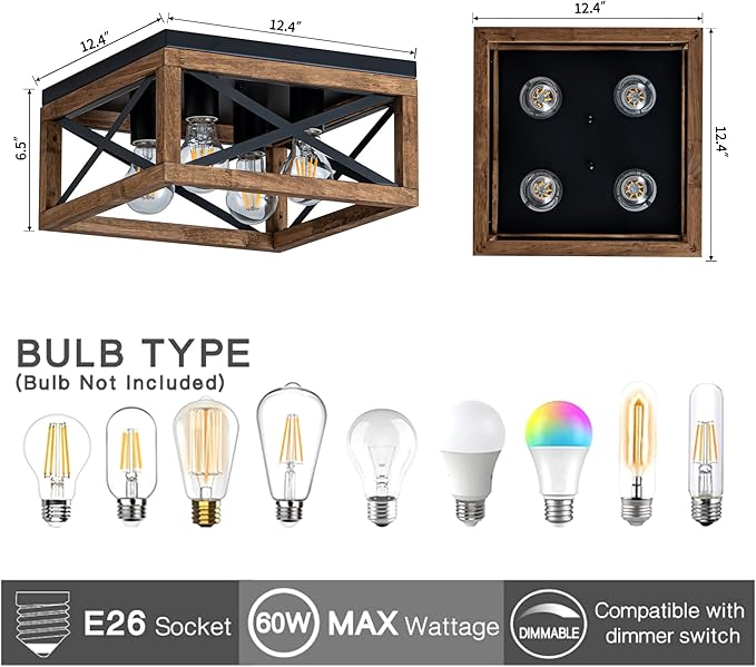 Farmhouse Ceiling Light 4-Light Flush Mount Ceiling Light with Black Metal and Wood Rustic Light Fixture for Hallway Entryway Kitchen