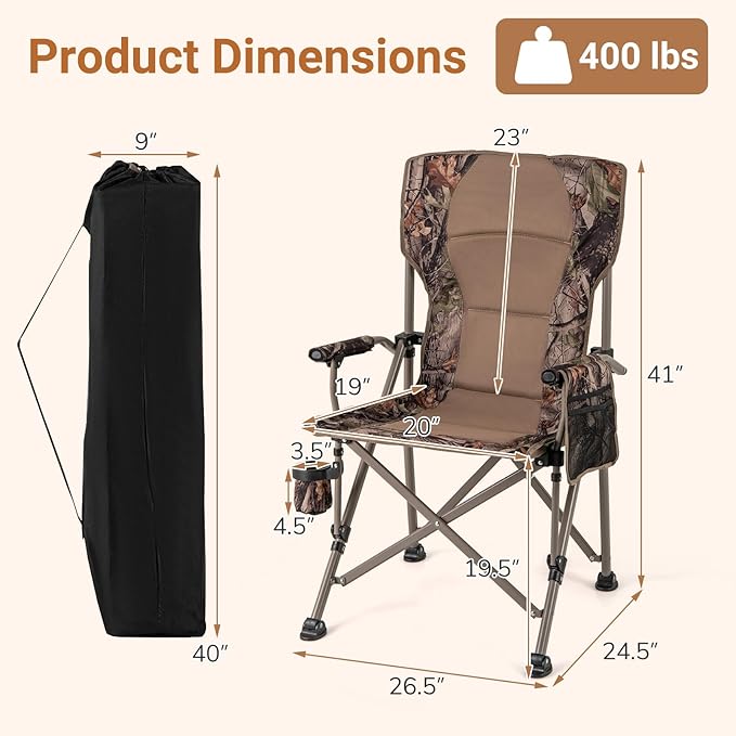 Goplus Folding Camping Chair 400 LBS Support Lawn Chair w/Armrests with Covers Cup Holder &amp Storage Pocket Adjustable Feet Portable Camp Chair with Carrying Bag for Fishing Hunting Picnic (2)