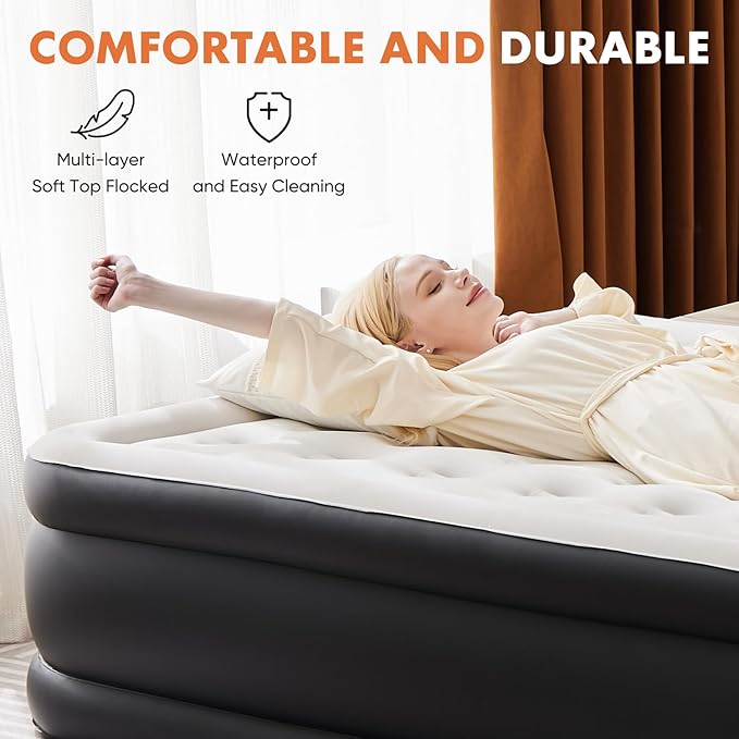 22 Inflatable Air Mattress with Built-in Pump Double Height Non-Slip 660lb Capacity - Queen Size
