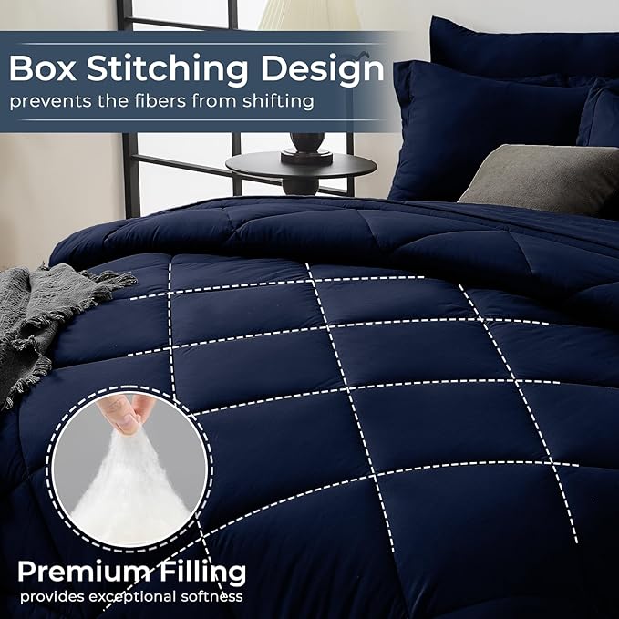 HEVUMYI Navy Blue Cali-King Comforter Set - 7-Piece All Season Bed in a Bag Cali-King Ultra Soft Bedding Set with Comforter Flat Sheet Fitted Sheet Pillowcases Pillow Shams Navy Blue