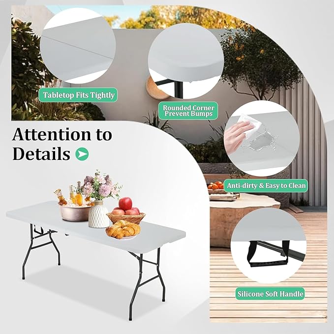 6ft Folding Table - Heavy Duty Portable 6 Foot Plastic Table with Fold-in-Half Design &amp Carry Handle Indoor Outdoor Utility Table for Dining Camping Parties Picnics Tailgating (6FT White)