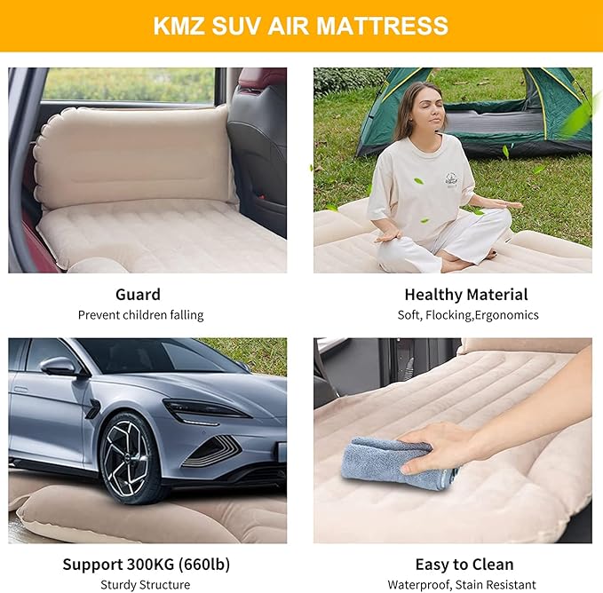 KMZ SUV Air Mattress Thickened and Double-Sided Flocking Travel Camping Bed with 2 Pillows &amp Electric Pump Dedicated Mobile Cushion Inflatable Bed for SUV Trunk and Rear Seat (Beige and Coffee)