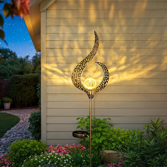 Outdoor Garden Gifts Solar Lights Stake Waterproof Mothers Day Gifts Mom Crackle Glass Metal Flower LED Yard Art Ornaments Lights for Pathway Lawn or Courtyard Birthday Gifts Women (Bronze)