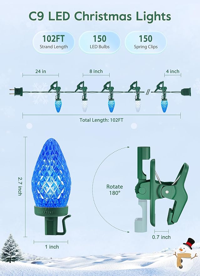 C9 LED Christmas Lights Outdoor 99 Feet 150 LED String With 150 Spring Clips Waterproof Connectable Christmas Tree Lights for Outside Roofline Patio Home Xmas Decor Blue &amp Pure White