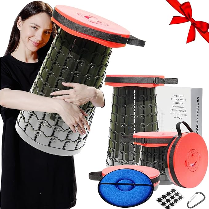 Upgraded 19.7Portable Collapsible Folding Stool with Cushion Retractable Telescoping Foldable Stool for Adults Heavy Duty Camping Sturdy with Max Load Capacity 1000lbs for Outdoor Fishing Hiking BBQ