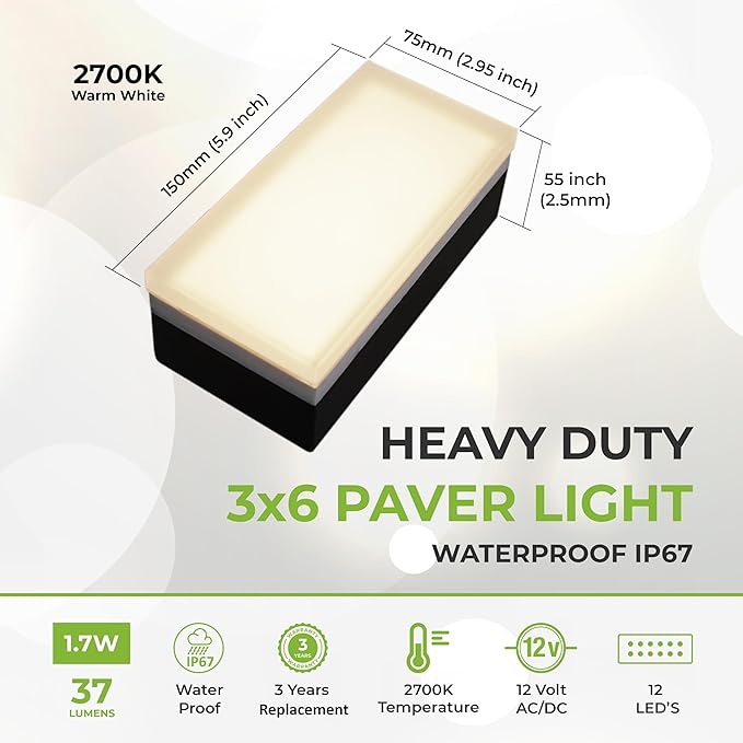 LUMENGY Paver Light 3×6 Inch (2.95 X 5.9) 2700K Warm White Glare-Free Illumination for Driveways Pathways Pool Deck &amp Patios 12V AC/DC Waterproof &amp Drive-Over Rated V2