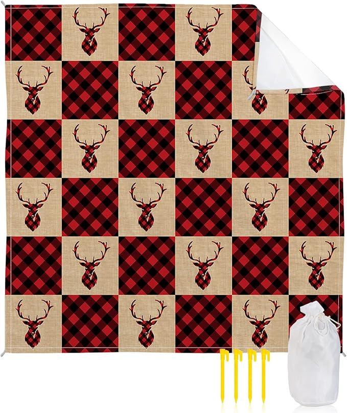 Beach Blanket Waterproof Sandproof Christmas Elk Antlers Red Lattice Quick Drying Beach Mat with 4 Stakes Black Buffalo Plaid Retro Linen Lightweight Picnic Blanket for Travel Camping 118x108