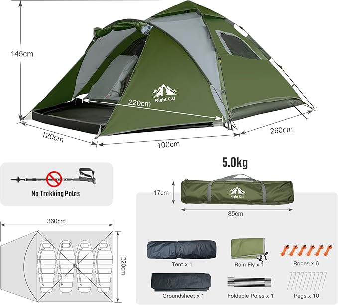 Night Cat Instant Popup Tents 2-3 Persons with Footprint Tarp Easy Setup Camping Tent with Rainfly Double Layers Waterproof Automatic Hydraulic Mechaism