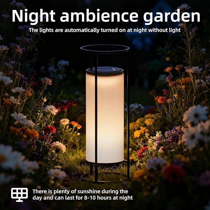 HOTEAGLE Outdoor Solar Lights14.8 H Modern Metal Cylinder Solar Powered Lantern Waterproof Decorative Table Lamp with Warm White LED Dusk to Dawn Auto On/Off for Garden Patio Yard Path Decor