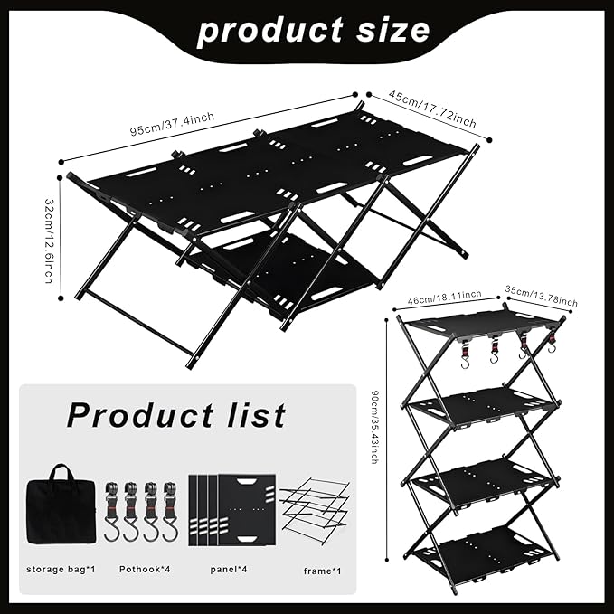 Folding Camping Table Portable Multi-Functional 4-Tier Picnic Rack Carbon Steel 37 with Storage Bag and 4 Hooks Indoor Outdoor Heavy Duty Portable for Picnic Party Camping