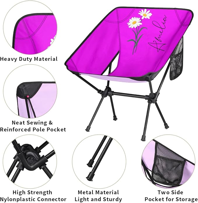 Personalized Camping Chair with Name &amp Birth Flower Custom Portable Backpacking Chair for Women Customized Lightweight Folding Compact Hiking Camp Chairs Gifts