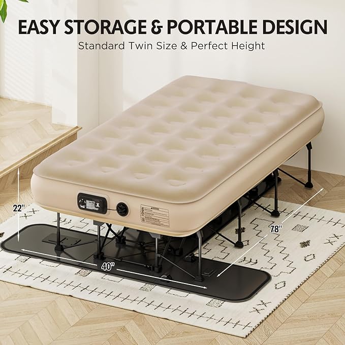 Simpli Comfy EZ Bed Twin Self-Inflating Air Mattress with Built-in Frame Pump and Wheeled Case Blow Up Inflatable Air Bed Perfect for Home Guests Travel Vacation Camping