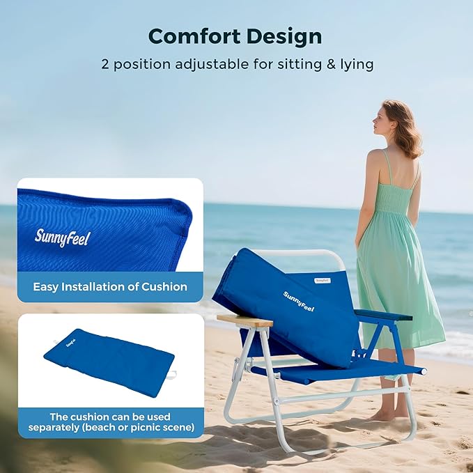 SUNNYFEEL Foldable Beach Chair Beach Chair Backup with Wood Armrest &amp Cushion Lightweight Camping Chair Heavy Duty for Beach Camping Lawn Outdoor Blue