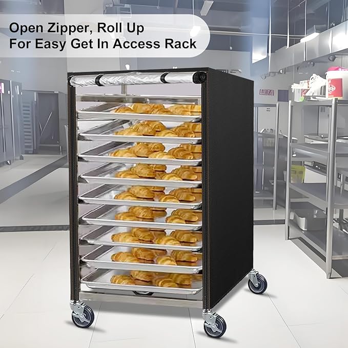 Sheet Bun Pan Rack Cover Speed Rack Cover with Zipper for 10 Tier Commercial Bakery Racks 23x28x32 Waterproof Bread Rack Cover with Clear Roll-Up Door &amp Breathable Mesh Vent(20 Tier)