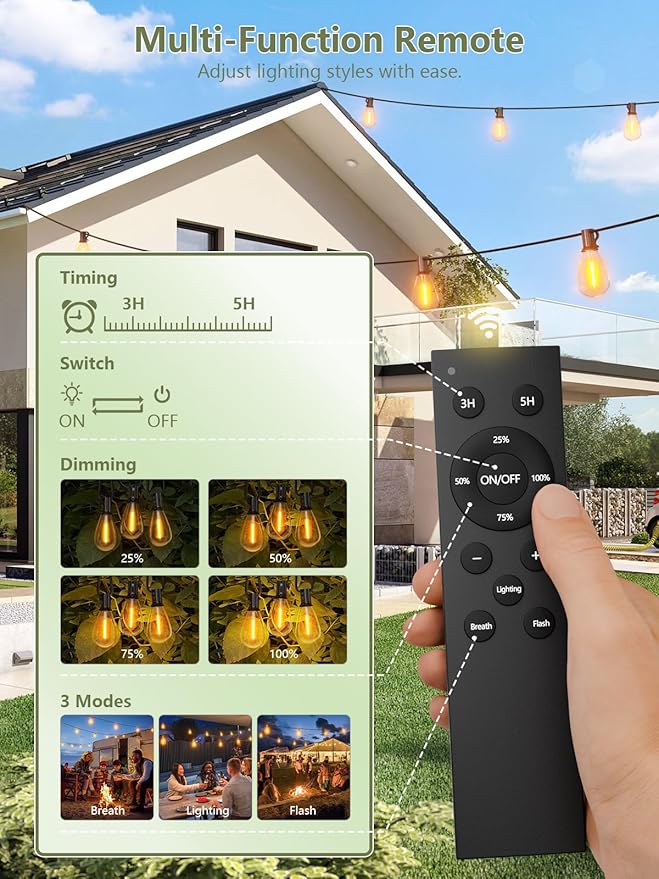 luckystyle 30FT Solar String Lights Outdoor Waterproof 2200K with Remote &amp USB Charging 10+1 LED Shatterproof Bulbs Dimmable &amp Timable 3 Light Modes Long Last for GardenPatio Backyard C