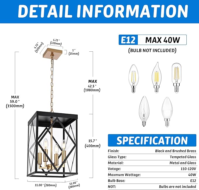 Outdoor Pendant Light for Porch 4-Light Modern Metal Exterior Hanging Lantern Pendant Light Outside Chandelier Black with Clear Glass or Front Porch Entrance Foyer Entryway Brass Socket