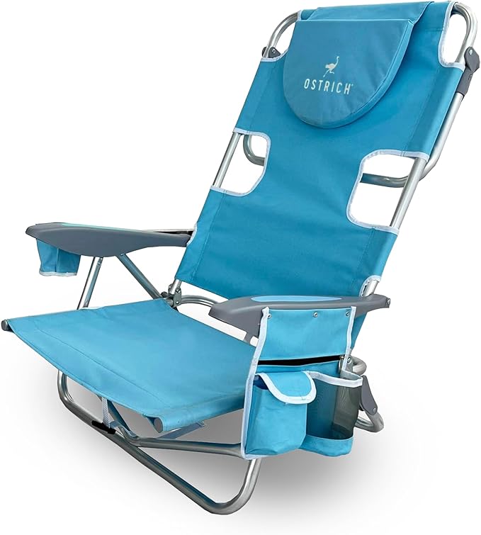 Ostrich The Deluxe Backpacker Portable Beach Chair with Cooler Bag Carry Straps Umbrella Carry System Cup Holder &amp 275lb Capacity Light Blue